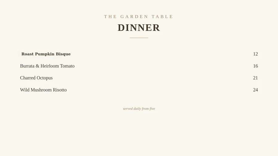Menu update edited with Imagelier: "Roast Pumpkin Bisque"