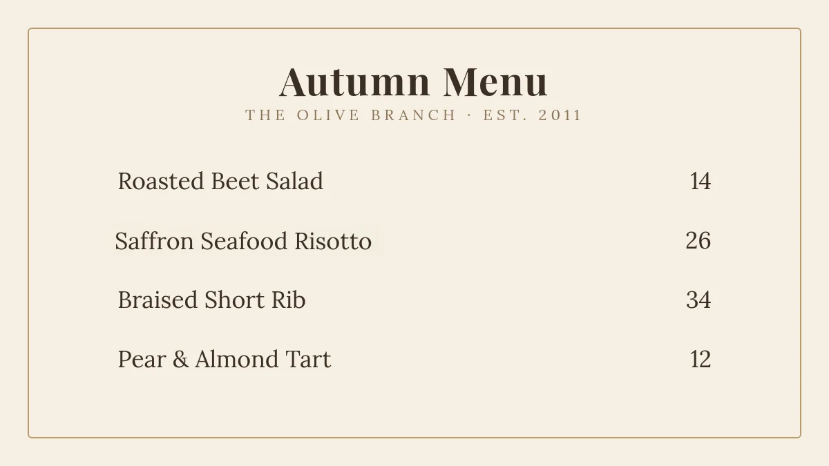 Restaurant menu after replacing one dish name in the same Lora font