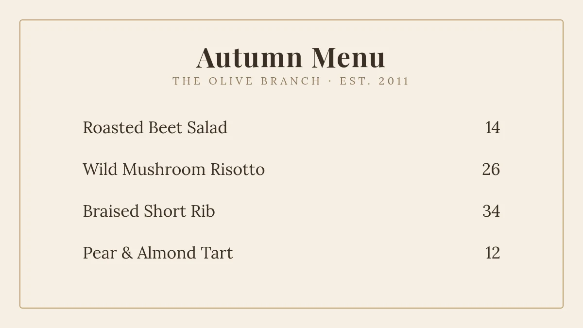 Restaurant menu before the edit, set in Lora and Playfair Display